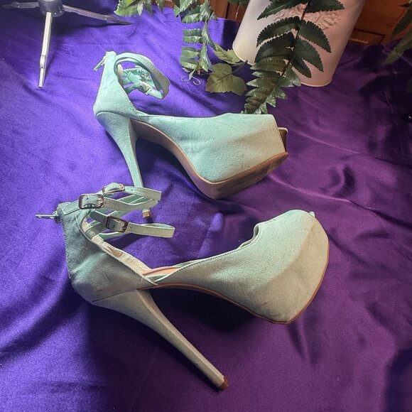 πJustFab Mint Green/ Gold  6" High Heel Pumps Open Toe & Ankle Straps Platform - Picture 5 of 16